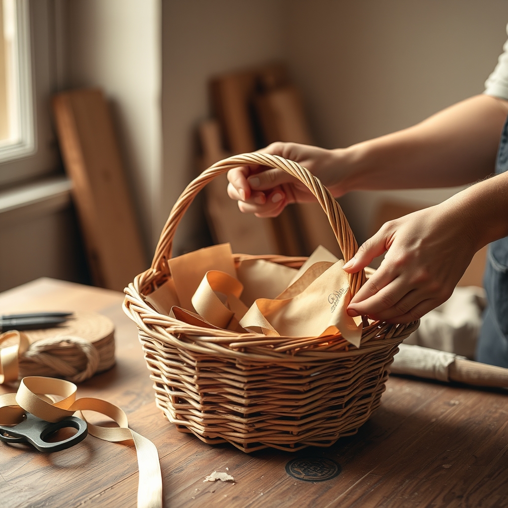 Mãos artesãs organizando fita e papel kraft dentro de uma cesta de vime aberta, sobre mesa de madeira em ambiente de oficina, luz natural quente