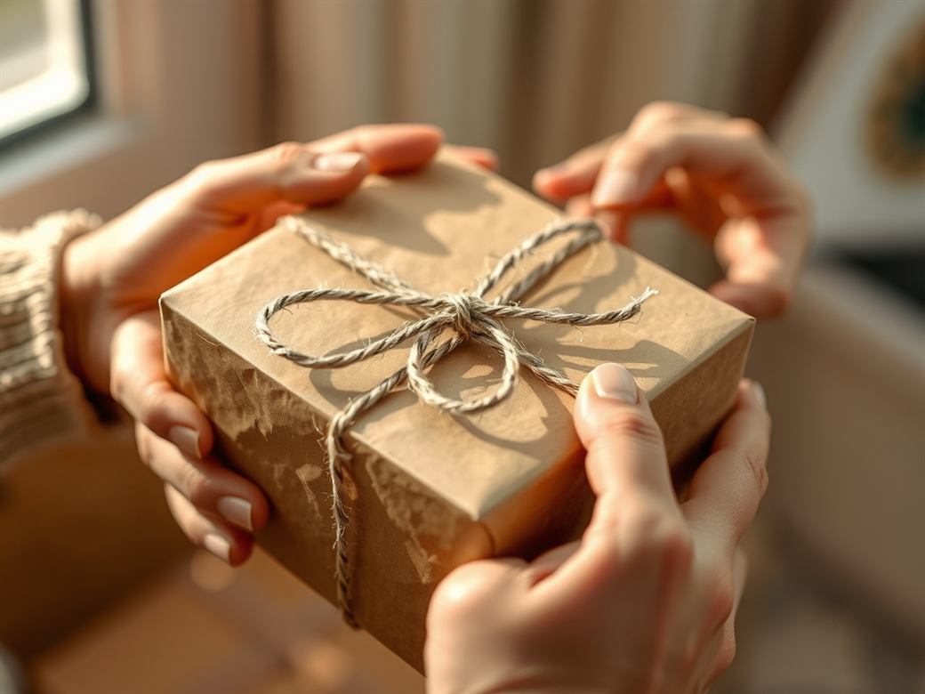 Close-up de mãos embrulhando uma caixa de presente com papel kraft e barbante rústico, luz natural quente