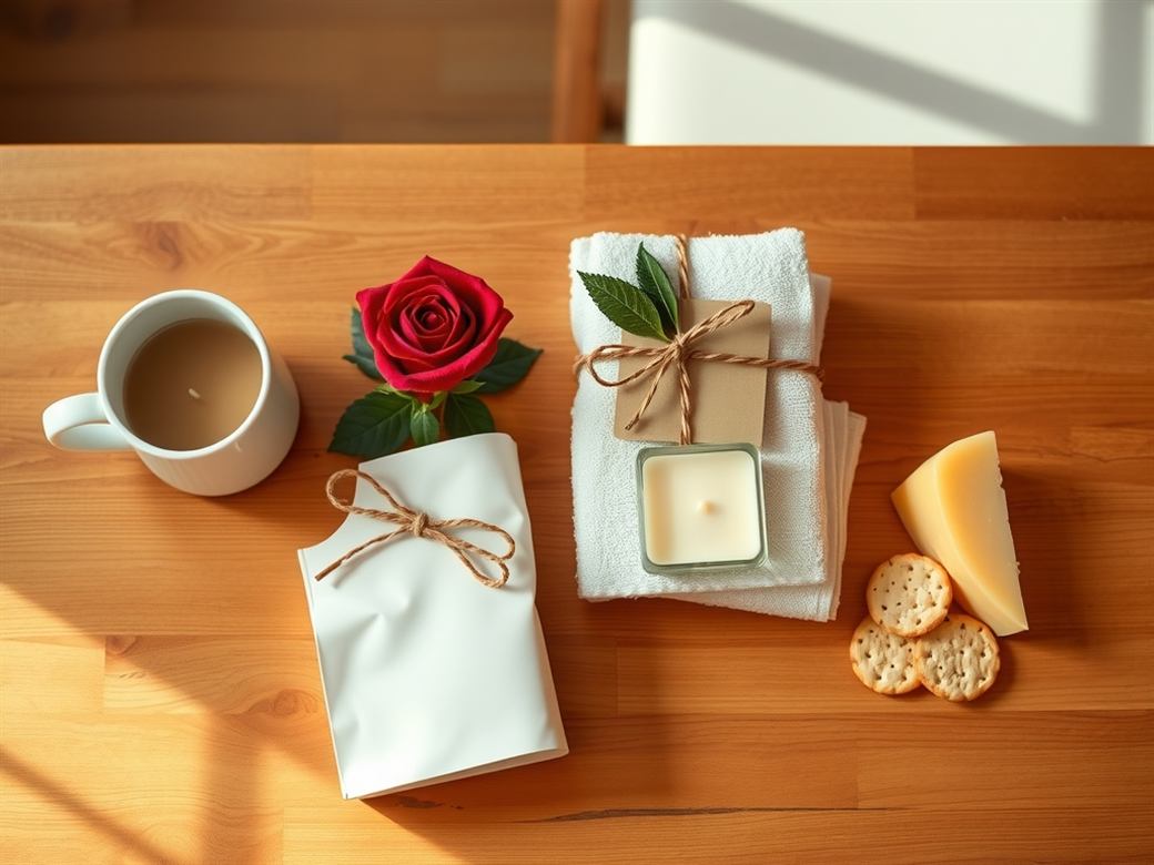 Quatro pequenos grupos de presente lado a lado sobre mesa de madeira: caneca de café, rosa com chocolate, toalha de spa com vela, e queijo com torradas