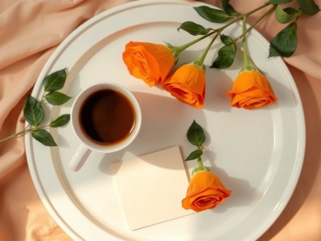 Vista aérea de bandeja de café da manhã com café, flores frescas e um cartão escrito à mão, luz suave da manhã