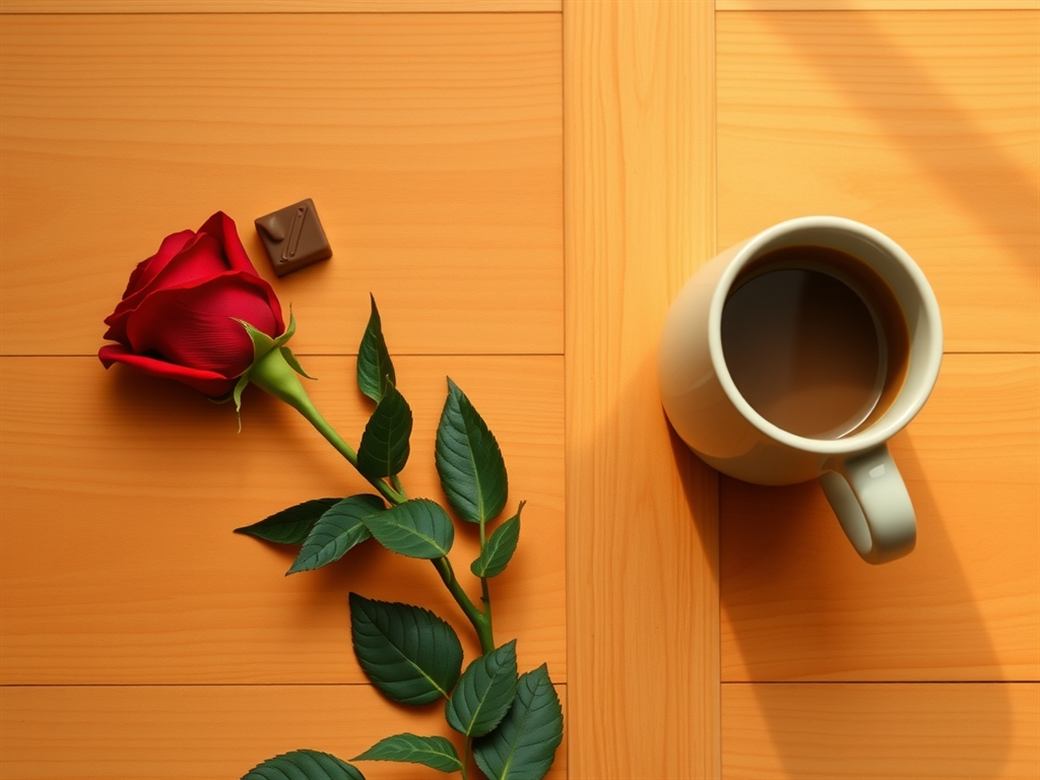 Composição dividida: de um lado rosa com chocolate, do outro caneca de café artesanal, sobre superfície de madeira clara