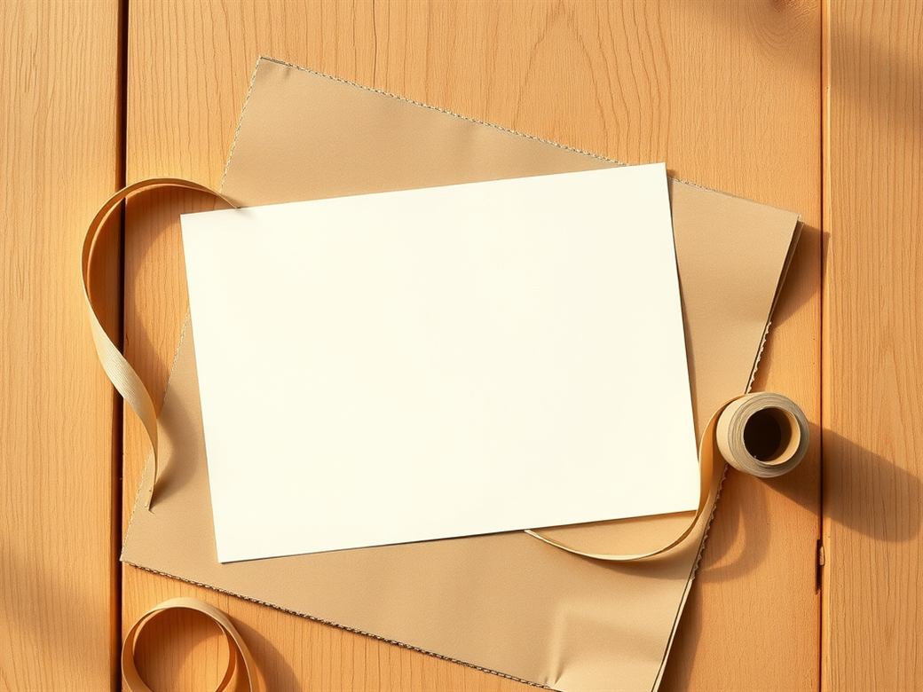 Cartão escrito à mão, carretel de fita e papel kraft sobre mesa de madeira, estilo minimalista